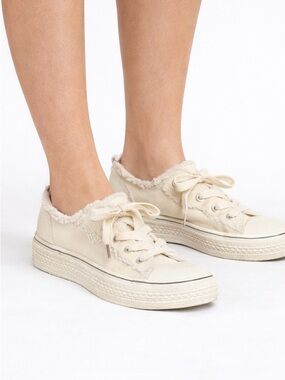Women’s Cream Canvas Sneakers with Distressed Edges - Size 9
